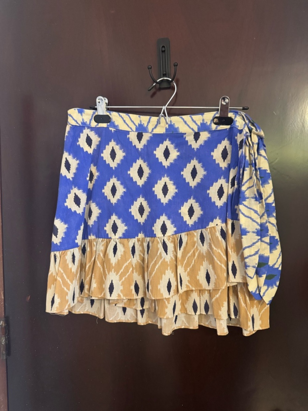 Zara Blue and Tan Patterned Tiered Wrap Skirt